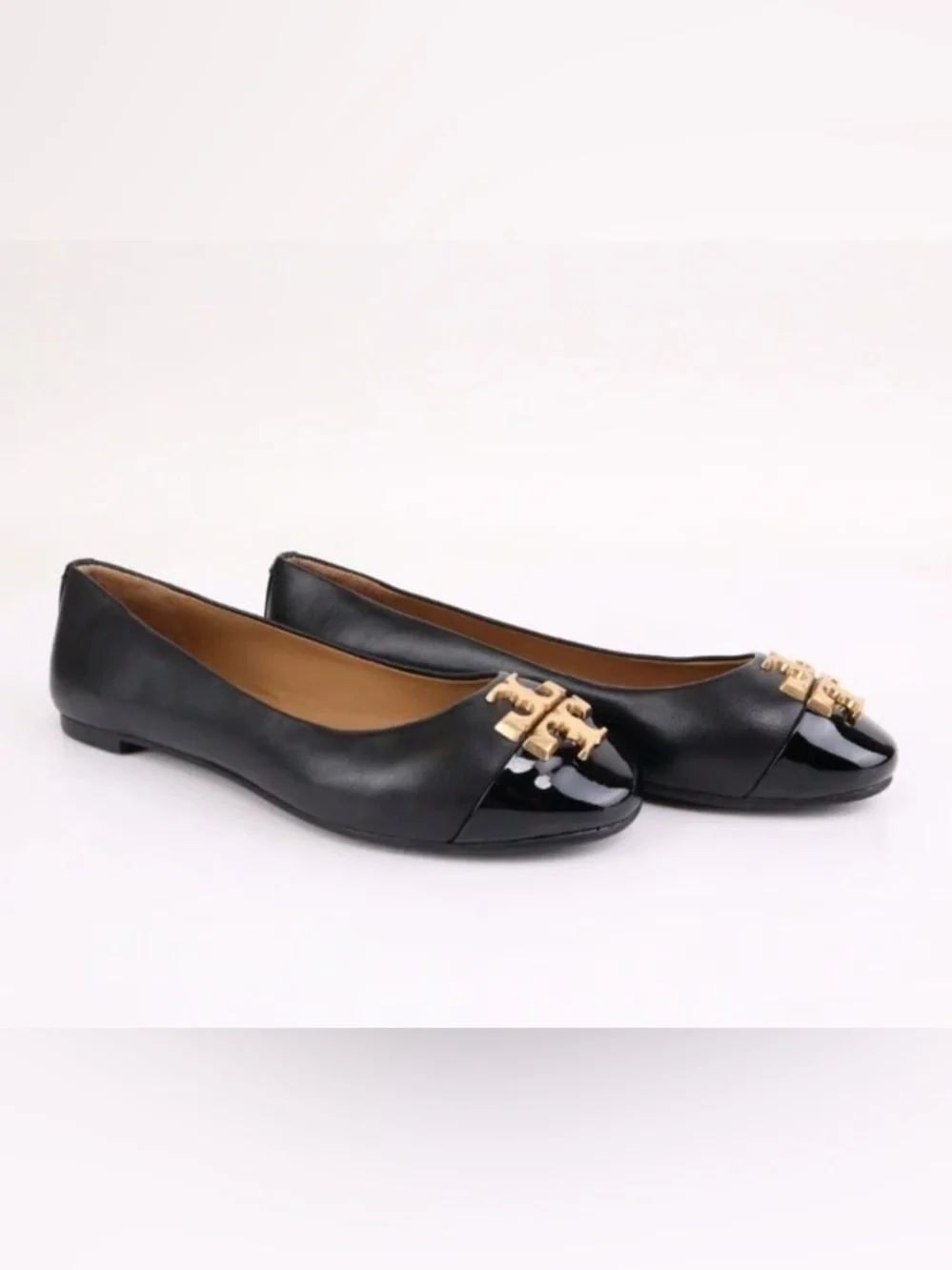 Tory Burch Everly Cap Toe Ballet Flats Leather Logo Bow Shoes Womens Size 5.5M